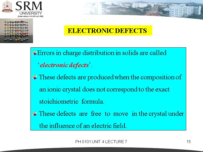 PH 0101 UNIT 4 LECTURE 7 15  ELECTRONIC DEFECTS  Errors in charge